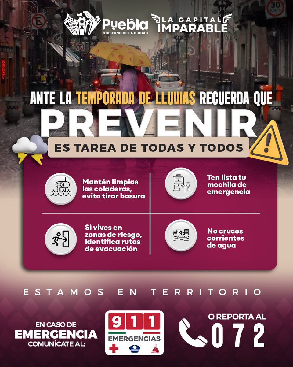 PueblaAyto's tweet photo. 🌧️☔ En esta temporada de lluvias, con prevención podemos hace la diferencia.

Mantente informado, evita tirar basura en calles y alcantarillas, y sigue las recomendaciones de las autoridades para reducir riesgos y proteger a tu familia.

Con acciones sencillas podemos prevenir riesgos y cuidar de nuestra ciudad.
