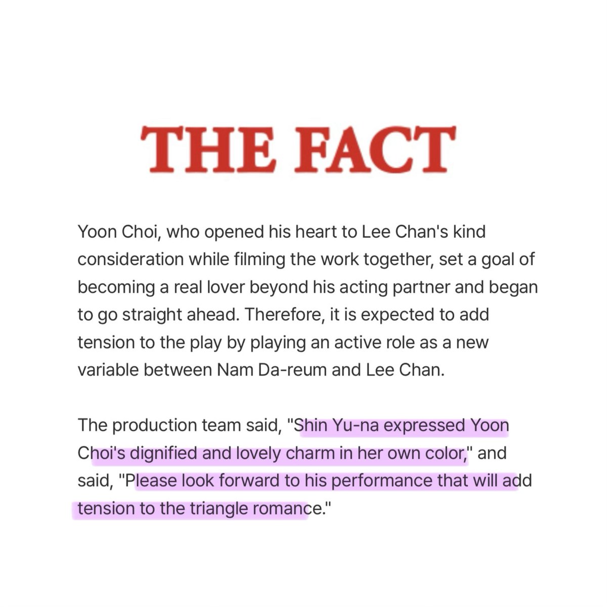 shinyunabase's tweet photo. THE FACT reports that the production team praised Yuna’s portrayal of Yoon Choi:

“Shin Yuna expressed Yoon Choi’s confident yet lovable charm in her own unique style. Please look forward to her performance, which will add tension to the love triangle.”