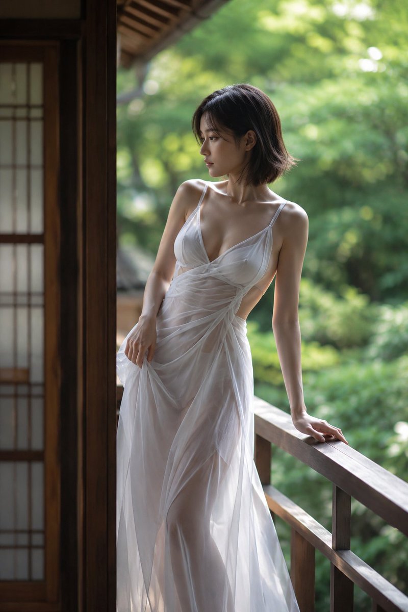 CyberTotal2026's tweet photo. おはようございます～☀️

朝の緑が、横顔にそっと触れていく。
静かな縁側に、まだ言葉にならない余白だけが残る 🌿✨

#AIart #AI写真 #縁側ポートレート

【GPT Image2プロンプト】
主題：
緑にほどける横顔

主���：
縦長4:5の写真。日本家屋の縁側に立つ20歳の成人女性を画面中央やや右に大きく配置。上半身から膝下までが画面の大部分を占め、左側には障子と木枠、右側には奥へ伸びる木製の手すりを入れる。背景は深い緑の庭で、全体を大きくぼかす。

人物・表情：
自然で現実感のある20歳の成人女性。透明感のある肌、短めのダークブラウンのボブヘア、顔まわりに柔らかく落ちる前髪。日系の上品なナチュラルメイクで、薄いピンクベージュのリップ、控えめなチーク、澄んだ瞳。顔は画面左へ向け、少し遠くを見るような静かな横顔。口元は閉じすぎず、穏やかで余韻のある表情。

服装・ポーズ：
白を基調にした上品なシフォン素材のキャミソールワンピース。薄く重なる布のドレープが胸元から腰へ斜めに流れ、透けすぎず、柔らかく光を受ける。人物の右手は画面右の木製手すりに軽く置き、指先を自然に伸ばす。人物の左手は腰の前で布を軽くつまみ、ドレープに細かな皺と重なりを作る。身体は画面右側へ重心を預け、肩と腰にわずかなひねりを入れる。元の雰囲気を保ちながら、ポーズは少しだけ自然に変化させる。

背景・光：
日本家屋の縁側。左端に障子戸と濃い木枠、上部に軒の影、右奥に手入れされた庭の緑。遠くに小さな瓦屋根の建物がぼんやり見える。背景は大きな玉ボケと柔らかな緑のグラデーションで処理する。午前中のやや暖かい自然光が画面右上から差し込み、肩、頬、髪の輪郭、白い布の端に淡いハイライトを入れる。室内側は少し暗く、人���の肌には���からの柔らかな反射光が回る。

構図・カメラ：
プロ用カメラで撮影した縦構図のポートレート。85mmレンズ、F1.8程度の浅い被写界深度。人物の顔と上半身にピントを合わせ、背景の庭、瓦屋根、手すりの奥行きは美しくぼかす。カメラは胸の高さ付近からほぼ平視。左側の障子と右側へ伸びる手すりで奥行きを作り、人物の横顔と斜めのドレープが視線を導く。

質感・スタイル：
リアルな写真表現。肌は過度に加工せず、自然な肌理と柔らかなハイライトを残す。白いシフォンは薄い層の重なり、光の透過、細かな皺を丁寧に表現。木材は落ち着いたブラウンで、縁側の空気感を感じる質感。色調は緑と白を中心に、低コントラストで柔らかく、雑誌写真のように上品で静かな仕上がり。

ネガティブ：
未成年に見える人物、過度な露出、裸体、下着のみの印象、性的な強調、不自然な顔、不自然な視線、余分���指、欠けた指、手足の融合、関節の破綻、布と身体の接触不良、不自然な重力、誤った遠近法、光源と矛盾する影、背景の文字化け、ロゴ、透かし、過度な美肌補正、プラスチックのような肌。