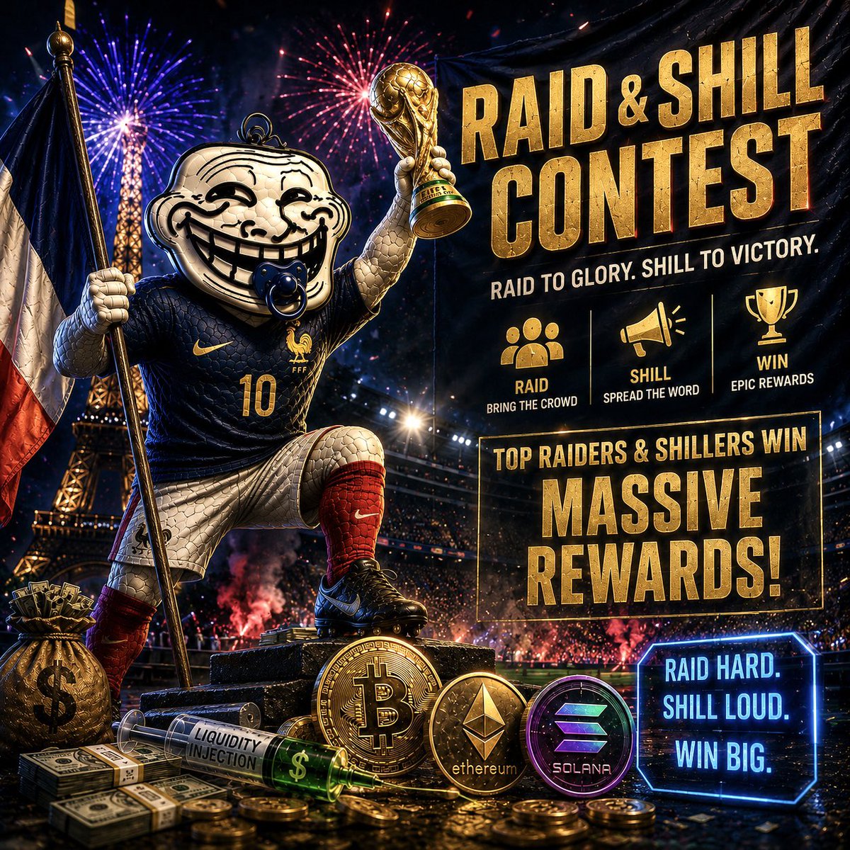 BabyTrollCup's tweet photo. RAID & SHILL CONTEST 🚨🔥💸

France won so I injected some liquidity into the chart 💉

Let’s have a fun raid & shill contest 🙌

Picking 4 winners, top 2 raiders and top 2 shillers, $10 in SOL each 🏆

Raid & shill like you mean it 😈

Like, RT, comment on this post, and follow us ✅

Tag us in your posts @BabyTrollCup and use our hashtag #BabyTrollCup 👍

Include our CA 🫡

HqrLMpqbsHcWYkFWqBtMi45Qh4qfkPhJMNthRgL5pump

Join our TG to join our Raidar leaderboard 🔗

https://t.co/MIcXeZESke

Hold a $10 bag of Baby Troll Cup 💰

Picking the winners on Tuesday ⏰

Have fun and good luck 🙏

#BabyTrollCup