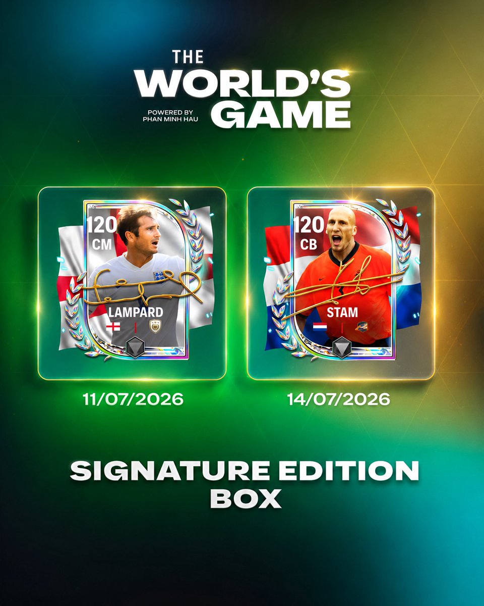 PhanMinhHauFFM's tweet photo. OFFICIAL: Signature Edition Box release dates are here
The wait is almost over! The next TWG Signature Edition Box players will arrive on:
๐๏ธ 11/07 โ Frank Lampard (120 OVR)
๐๏ธ 14/07 โ Jaap Stam (120 OVR)
Who are you opening the box for? ๐
#FCMOBILE #TWG https://t.co/I5dL4Ljzow