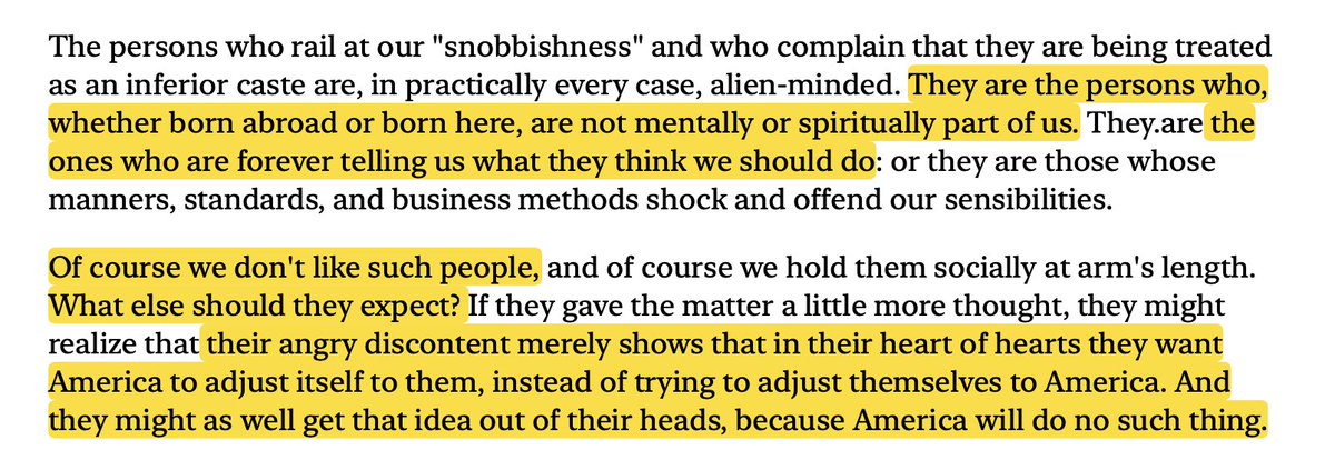 ThuleAudio's tweet photo. “… discontent merely shows that in their heart of hearts, they want America to adjust itself to them, instead of trying to adjust themselves to America. They might as well get the idea out of their heads, because America will do no such thing.”

Get the fuck out of my country. https://t.co/4zbnKkWfM2