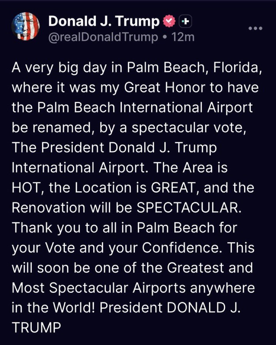 Mollyploofkins's tweet photo. This fucking clown has no shame...

Trump: “A very big day in Palm Beach, Florida, where it was my Great Honor to have the Palm Beach International Airport be renamed, by a spectacular vote, The President Donald J. Trump International Airport” https://t.co/OhgdjK6wrd