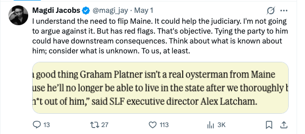 magi_jay's tweet photo. I want to be clear that I did weigh the best interests of the Democratic party at every turn. I think that is quite clear in my record. I went kamikaze on Platner to protect the well-being of the party &amp; therefore the country. He was, as I repeatedly said, a liability. https://t.co/Ln5JScgf3j