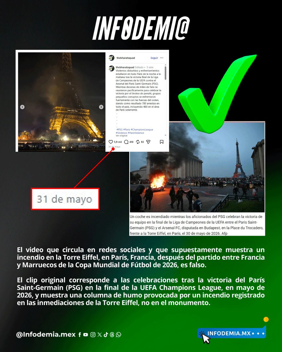 infodemiaMex's tweet photo. ❌ Falso video de un incendio en la Torre Eiffel tras el partido entre Francia y Marruecos en julio de 2026

✅ El video que circula en redes sociales y que supuestamente muestra un incendio en la Torre Eiffel, en París, Francia, después del partido entre Francia y Marruecos de la Copa Mundial de Fútbol de 2026, es falso.

✅ El clip original corresponde a las celebraciones tras la victoria del París Saint-Germain (PSG) en la final de la UEFA Champions League, en mayo de 2026, y muestra una columna de humo provocada por un incendio registrado en las inmediaciones de la Torre Eiffel, no en el monumento.

▶️ Desmentido: https://t.co/ftHBlqJCdl