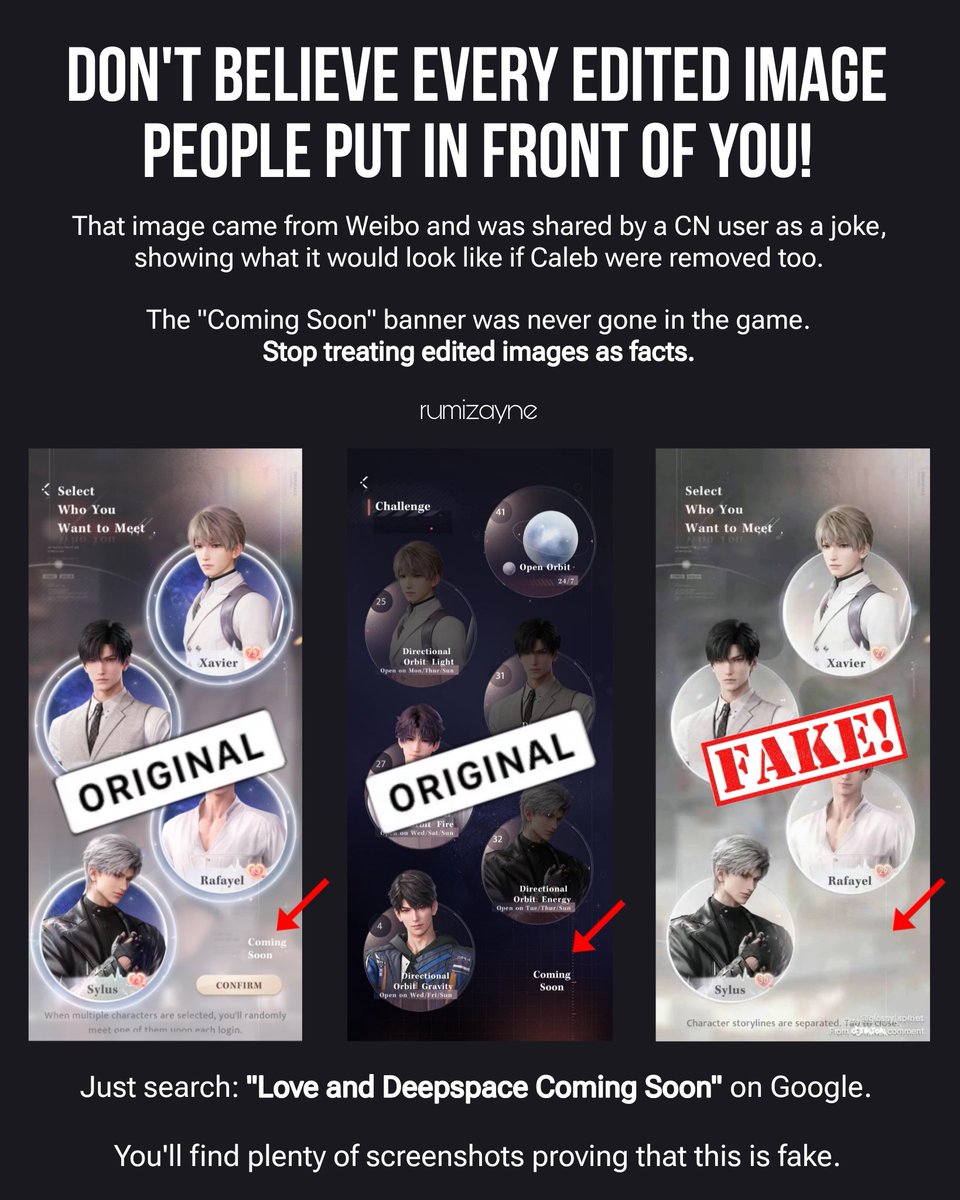 Rumizayne's tweet photo. AGAIN..... It's edited!!

I'm not talking about now.... I talking about before Caleb's release and after Caleb's release. Some players are claiming the "Coming Soon" banner had already been removed in the past. It hadn't. It's now gone with 6.0 - for the first time!!!!

Stick to the facts. If you don’t know what you’re talking about, do your own research before sharing anything.

#LoveandDeepspace #Valko #BringBackValko #JusticeForValko