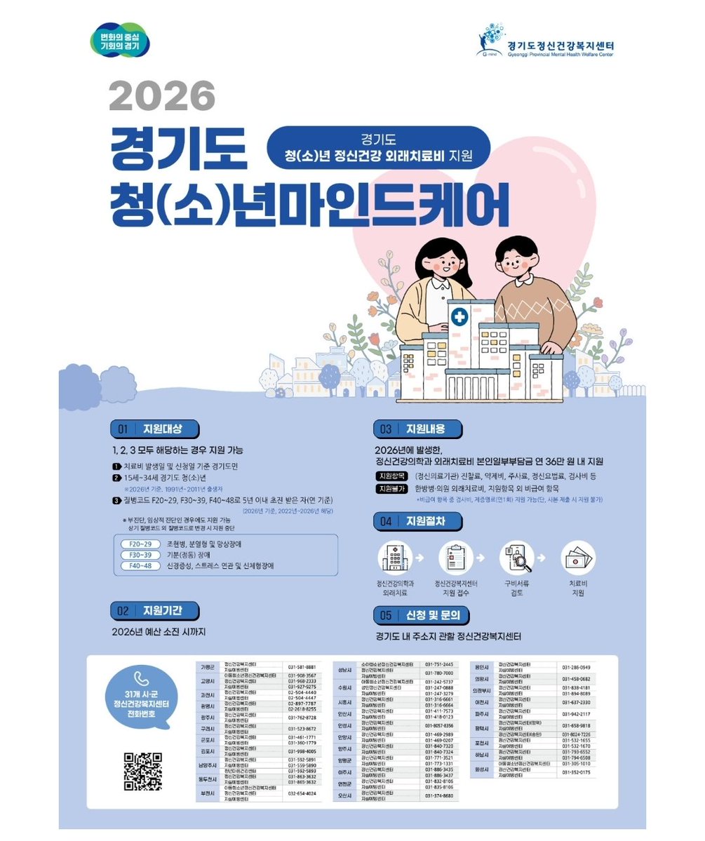 josee_re's tweet photo. 경기도 청(소)년 마인드케어.
경기도 사는 34세까지 청(소)년 정신과 의료비 지원 https://t.co/8MQpDuOx5j