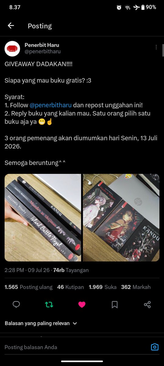 releviaddict's tweet photo. @penerbitharu Done ya min ✅
Bismillah, mau yg Murder at Shijinso, lagi suka bgt genre thriller horror
Semoga diriku beruntung, aamiin
Makasih banyak udah ngadain GA ini, min 🫶🏻 https://t.co/co9LwxbJ0u