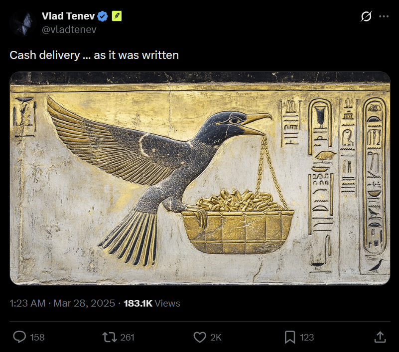 imsaloo_'s tweet photo. I just found fartcoin type giga lore: Cash Delivery Bird which is a Hooded Crow (Corvus cornix) by Vlad CEO of Robinhood. He keeps talking about generational wealth distribution using Egyptian lore. He bull posts Egyptian art and has the most tweets about Egyptian lore as well. $CASHBIRD