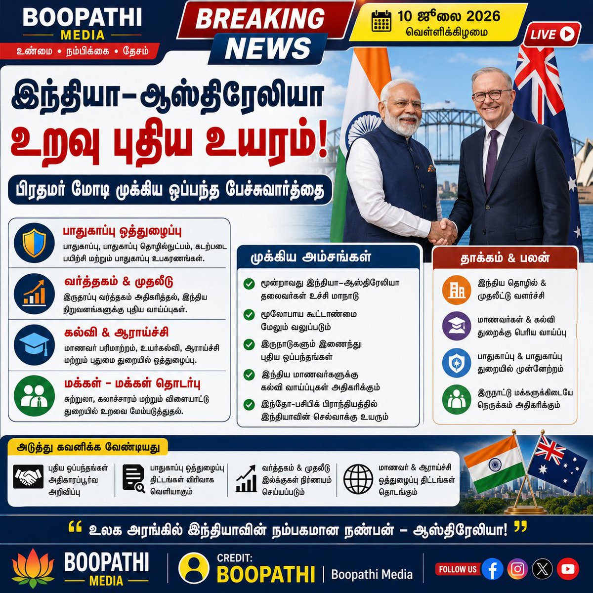 Boopathisvb's tweet photo. இந்தியா–ஆஸ்திரேலியா உறவு புதிய உயரம்!
பிரதமர் மோடி முக்கிய ஒப்பந்த பேச்சுவார்த்தை

இந்தியா–ஆஸ்திரேலியா உறவு மேலும் வலுப்பெறும் புதிய கட்டம்.
பாதுகாப்பு, வர்த்தகம் மற்றும் கல்வியில் புதிய வாய்ப்புகள்.
உலக அரங்கில் இந்தியாவின் மூலோபாய நிலை மேலும் உயர்கிறது.
 Boopathi Media https://t.co/VoZ60O01vI