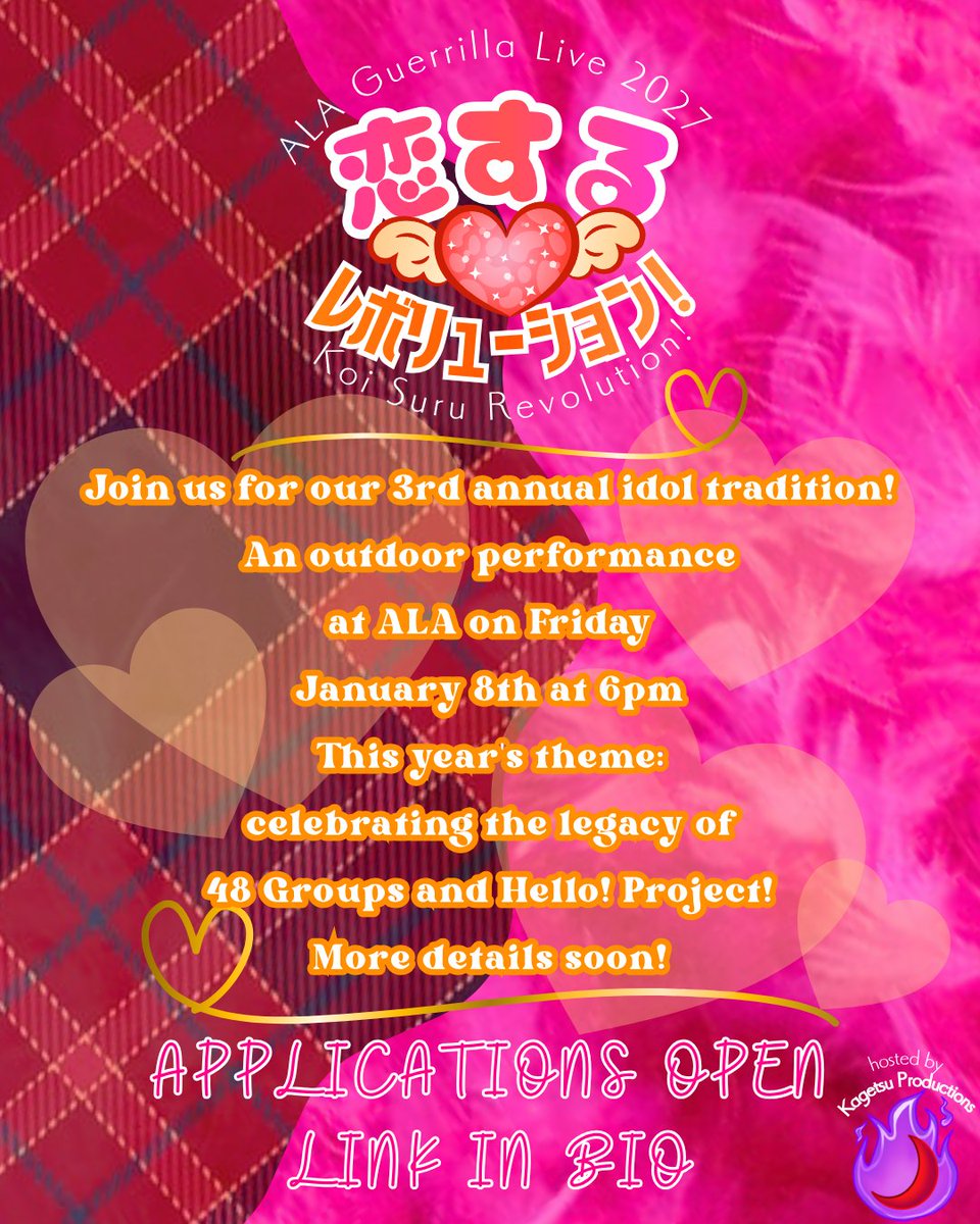 knife_pleat's tweet photo. ALA Guerrilla Live apps are now open until Nov 1st!
https://t.co/HqzZI4ah19
#kaigaiidol #animelosangeles https://t.co/YemMBxbOaz