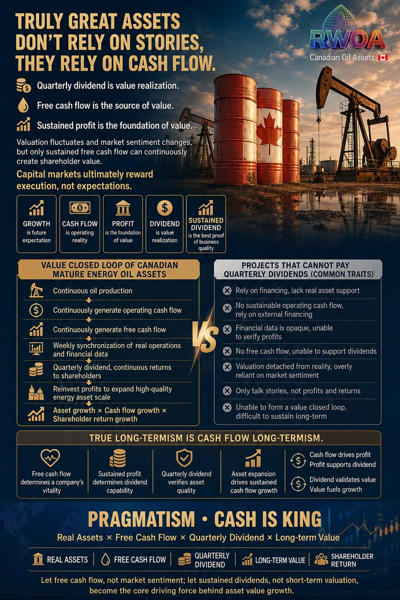 RWOARWA's tweet photo. True long-termism is built on long-term cash flow.
Free cash flow determines a company's resilience and vitality.
 Sustainable profits determine its ability to pay dividends.
 Quarterly dividends validate the quality of the underlying assets.
 Asset expansion drives the continuous growth of cash flow.
Cash flow generates profits. Profits support dividends. Dividends validate value. Value, in turn, fuels further growth.

#RWOA #oil