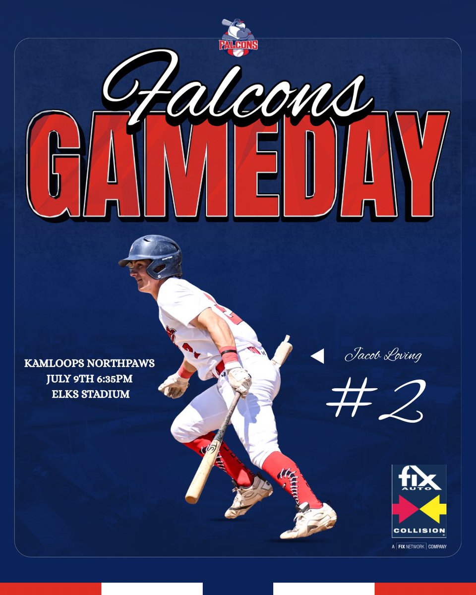 kelownafalcons's tweet photo. Back at home🏡🏠

Presented by @fixautokelowna 

🆚: @northpawsbaseball 
⏰: 6:35
📍: Elks Stadium

📸: @tamiquan_sportsphotography 

#flockup #takeflight https://t.co/gymq6KMkr0