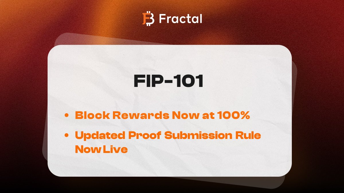 fractal_bitcoin's tweet photo. FIP-101 Update: Updated Proof Submission Rules Now Live

The updated indexer proof submission rules are also now active. New late submission decay rules:

• Indexers are expected to submit valid proof within 720 blocks
• After 720 blocks, every additional 120 blocks delay enters the next decay interval
• Rewards will follow a progressive decay schedule, with lighter reductions early and steeper reductions later. Progressive decay schedule: 5% → 8% → 12% → 16% → 24% → 25%
• Rewards decay to 0 once the delay reaches 1,440 blocks.

✨ Index Mining Public block rewards have now reached full release - 25 FB per Index Mining block, and there's over 9,000,000 FB now staked!

Public Testing will continue over the coming weeks as we refine the system based on operational experience and community feedback. This officially launch is expected to be in late July.  Stay tuned to our official announcements for the latest updates.

Links below 👇

1/3