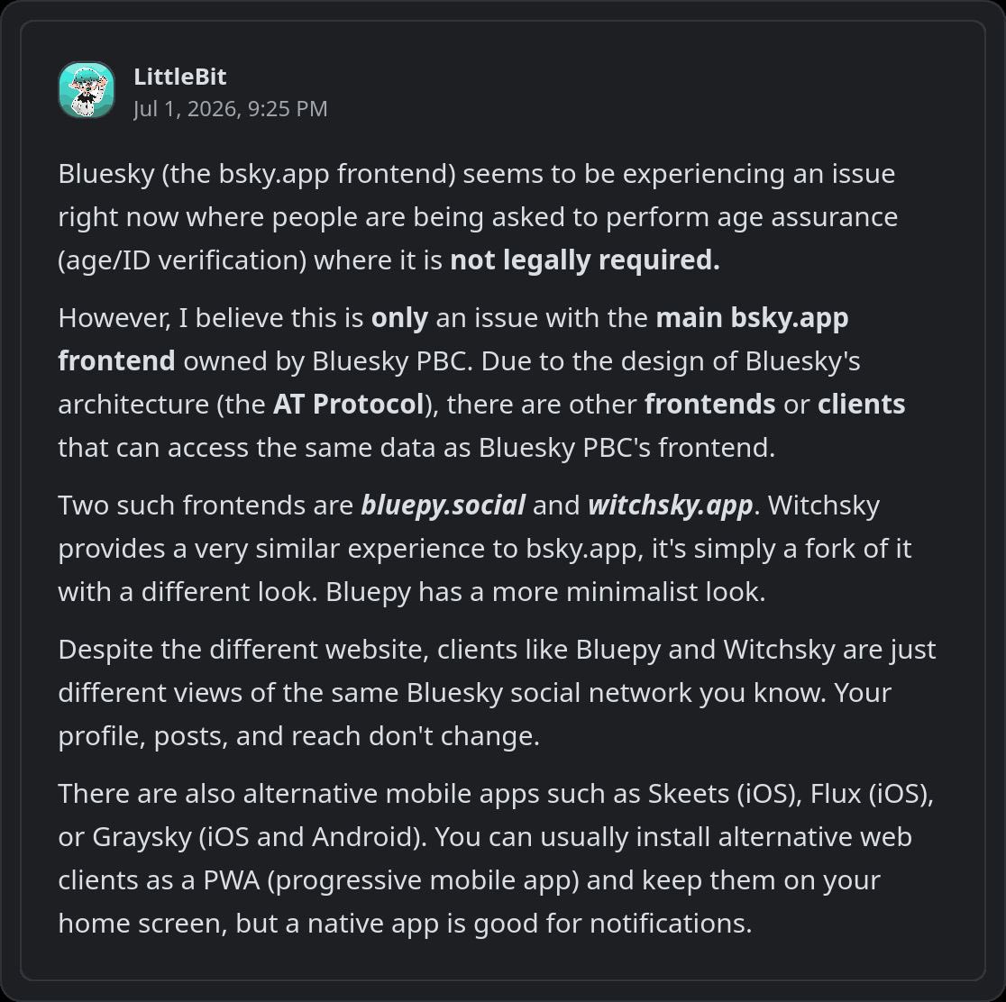 littlebit670's tweet photo. Bluesky’s verification problem is popping up again; here’s a note on something you can do. 

TLDR: use an alternate client. I like https://t.co/7xwB5xfehu. These alternate apps give you access to the same posts, profiles, and everything else from Bluesky. https://t.co/9PFSVwv3KK