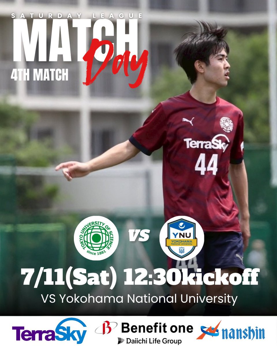 tussoccer's tweet photo. 【2026年度サタデーリーグ】

サタデーリーグ第4節
🗒 2026/7/11（土）
🆚横浜国立大学
🕛 12:30Kick Off
🏟横浜国立大学フットボール場 https://t.co/DFeOm5oKIK
