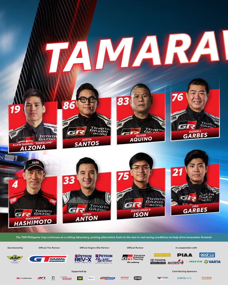 TGRPhilippines's tweet photo. The competition continues with Race Weekend 2. 🏁 Meet the official teams of the TGR Philippine Cup 2026 at Clark International Speedway, Pampanga on July 11!​

#TGRPhilippineCup2026 #TOYOTAGAZOORacing #PushingTheLimitsForBetter #TGRPhilippines https://t.co/eOEPEQjWsp