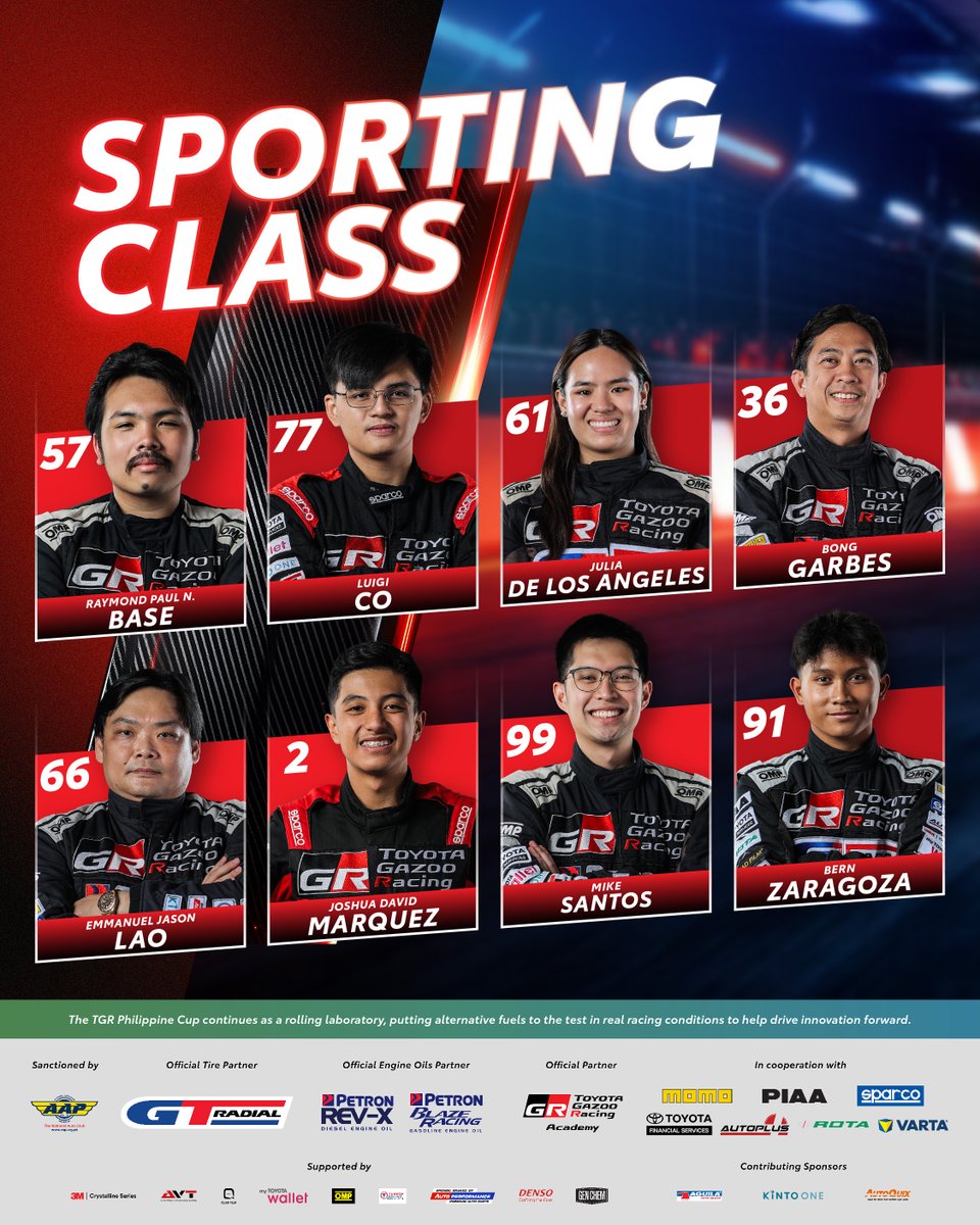 TGRPhilippines's tweet photo. The competition continues with Race Weekend 2. 🏁 Meet the official teams of the TGR Philippine Cup 2026 at Clark International Speedway, Pampanga on July 11!​

#TGRPhilippineCup2026 #TOYOTAGAZOORacing #PushingTheLimitsForBetter #TGRPhilippines https://t.co/eOEPEQjWsp