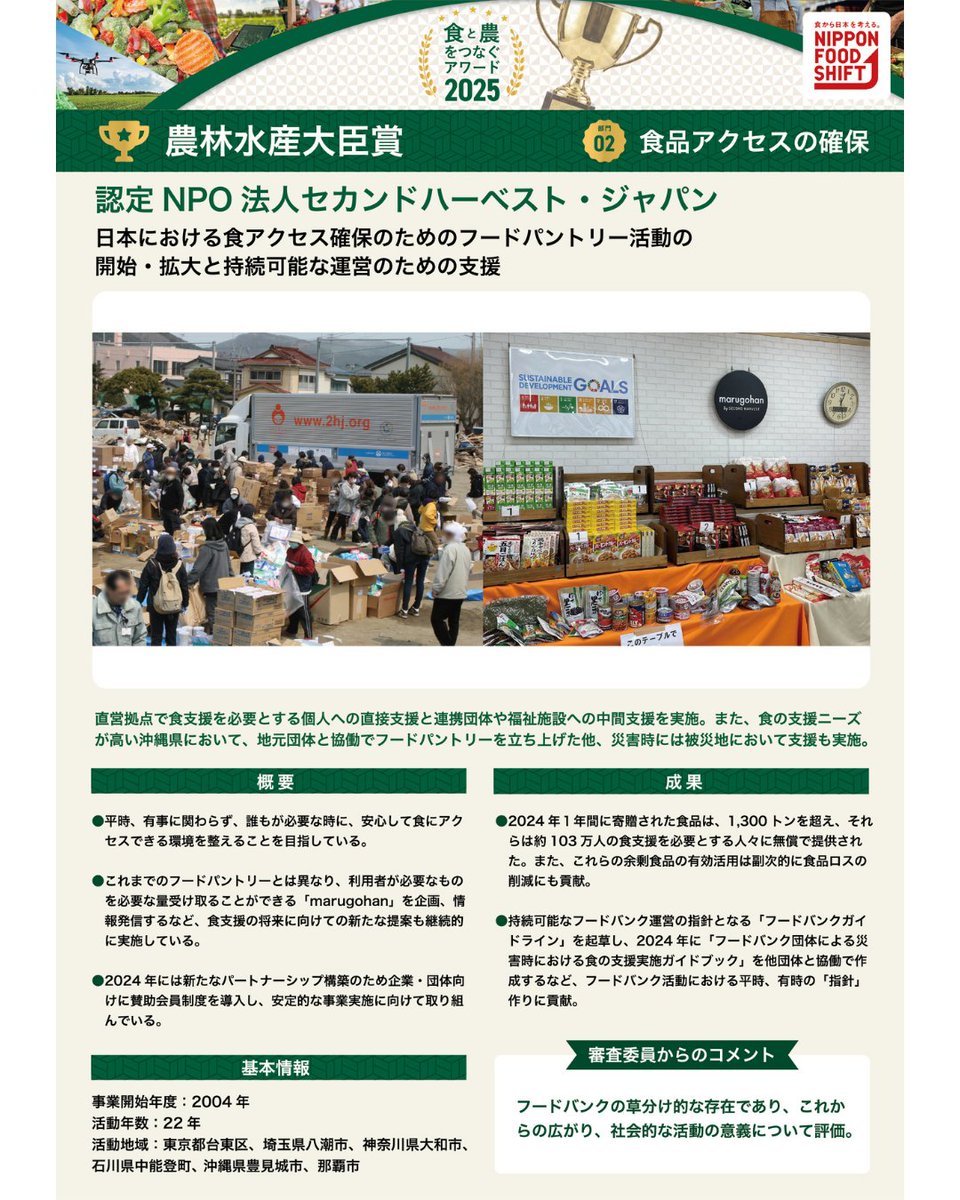 nipponfoodshift's tweet photo. 🌱 #震災復興 にむけて、
食と農をつなぐアワード 応募受付中！

東日本大震災から15年、熊本地震から10年が経ちました。
昨年の #食と農をつなぐアワード では、震災を乗り越え地域の農林水産業の再生や、地域のつながりづくりに取り組む方々が受賞しました✨

復興と地域の未来につながる取組のご応募をお待ちしています。

🔗https://t.co/26tJamqq0A

#推進パートナー
#ニッポンフードシフト
#食と農をつなぐアワード
#震災復興