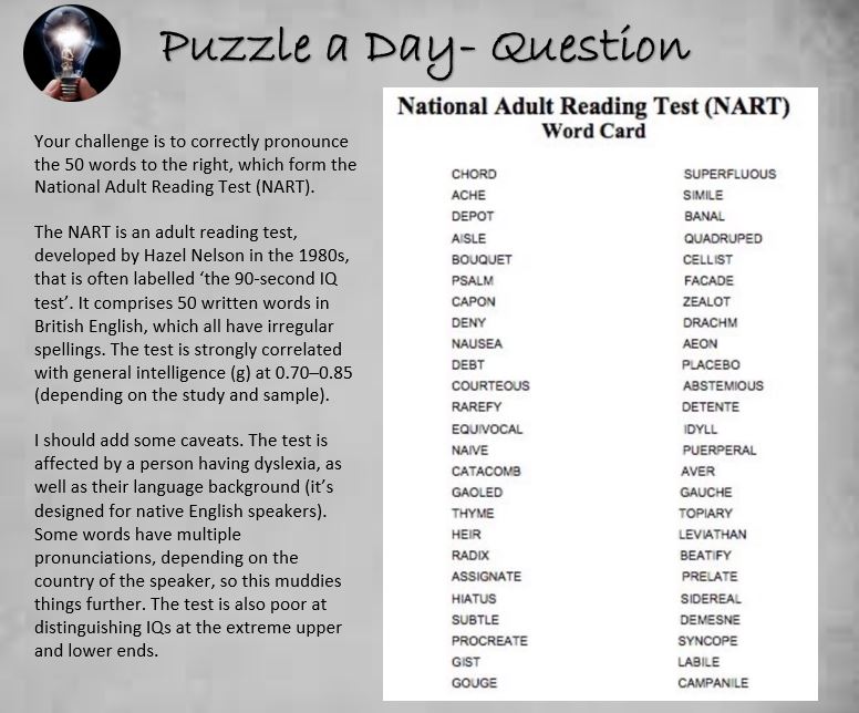 PuzzleADayBlog's tweet photo. Take The National Adult Reading Test (NART)

#puzzle #puzzles #puzzleaday https://t.co/rcdVpiJKMH