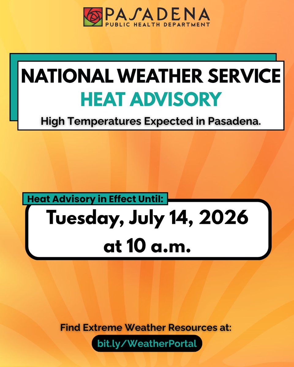 PasadenaGov's tweet photo. A National Weather Service Heat Advisory is in effect until Tuesday, July 14, at 10 a.m.

High temperatures may increase the risk of heat-related illness, especially for older adults, young children, outdoor workers, and people with chronic medical conditions.

Protect yourself by:

• Drinking plenty of water.
• Staying in air-conditioned spaces when possible.
• Limiting outdoor activity during the hottest part of the day.
• Wearing lightweight, light-colored clothing.
• Checking on neighbors, friends, and family members who may need assistance.

Know the signs of heat exhaustion and heat stroke. If someone shows signs of heat stroke, call 911 immediately.

Stay cool, stay hydrated, and check on those who may be more vulnerable to extreme heat. For weather updates, visit: https://t.co/vPfbYym1ga.