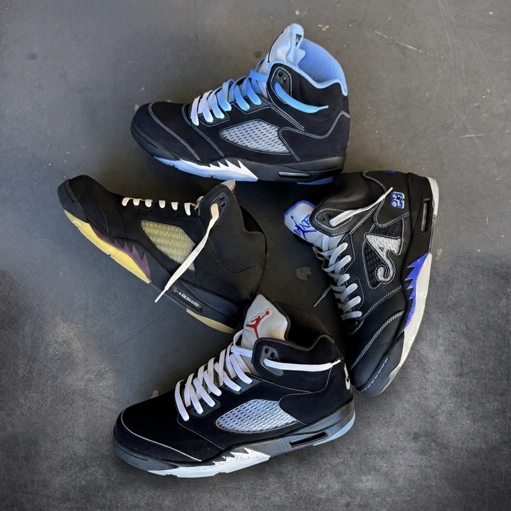 BritBayKickz's tweet photo. I guess I have a thing for black Jordan 5s. 😂

Even though they're all built on the same silhouette, every pair has its own personality.

• A Ma Maniére – Black
• Awake NY
• Black Carolina
• Black Metallic Reimagined

If you could only keep ONE... which one are you taking? https://t.co/tEMKPhldqQ
