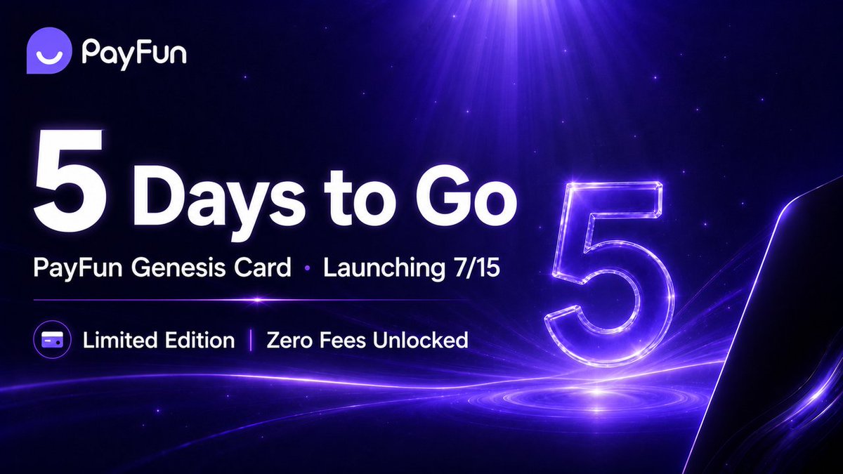 PayFunOfficial's tweet photo. Only 5 days to go. ⏳

On July 15, we are dropping the PayFun Genesis Card — an exclusive, limited-edition release packed with massive perks, including zero-fee spending unlocked from day one.

Limited supply available. Get ready to claim yours before they're gone.

See you on 7/15 👀

#PayFunCard #CryptoCard