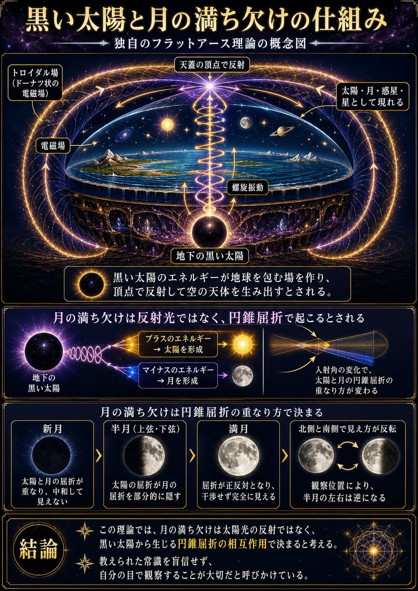 kazu_uracorona's tweet photo. 引用元の月の満ち欠けの仕組みを「難しく」説明すると画像1のようになります。

「円錐屈折の重なり方」の説明が難しい。

要するに、黒い太陽からX線のビームのようなものが出ていて天蓋の頂点で反射して、プラスのエネルギー（太陽）とマイナスのエネルギー（月）に分かれます。

空にある希ガスの電離層でプラズマ現象が起きて月と太陽が映し出される（と言われている）。

黒い太陽が回転することによって、月と太陽も大地の上を回転（周回）して「1日」や「1か月」が規則正しく繰り返される。

この時に、太陽と月が近づいたり離れたりすると「円錐屈折の重なり具合」によって月の満ち欠けが起こる。
