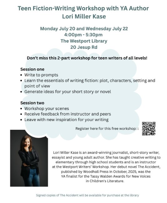 WoodhallPress's tweet photo. Parents! Get your #teens and #teenwriters excited about #writing at #author @LoriMillerKase's TWO @WestportLibrary #writingworkshops featuring her #YAComingofAge #novel THE ACCIDENT. Register at https://t.co/03lCCbC2kt

#accident #ya #yafiction #mystery #mustread #authorevent https://t.co/DdIq7VBZMT