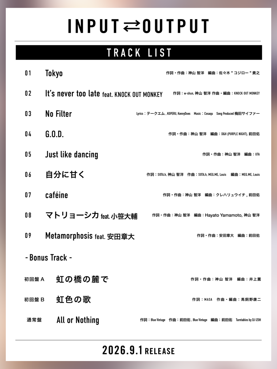 Kamiyama_ELOV's tweet photo. ←───────────→
          TRACK LIST公開
←───────────→

Tomohiro Kamiyama
1st ALBUM「INPUT⇄OUTPUT」

豪華アーティストとのコラボレーション！

♦︎安田章大さん(SUPER EIGHT)
♦︎花村想太さん(Da-iCE)
♦︎KNOCK OUT MONKEYさん
♦︎小笹大輔さん(Official髭男dism)
♦︎梅田サイファーさん

#TomohiroKamiyama
#神山智洋
#INPUTOUTPUT