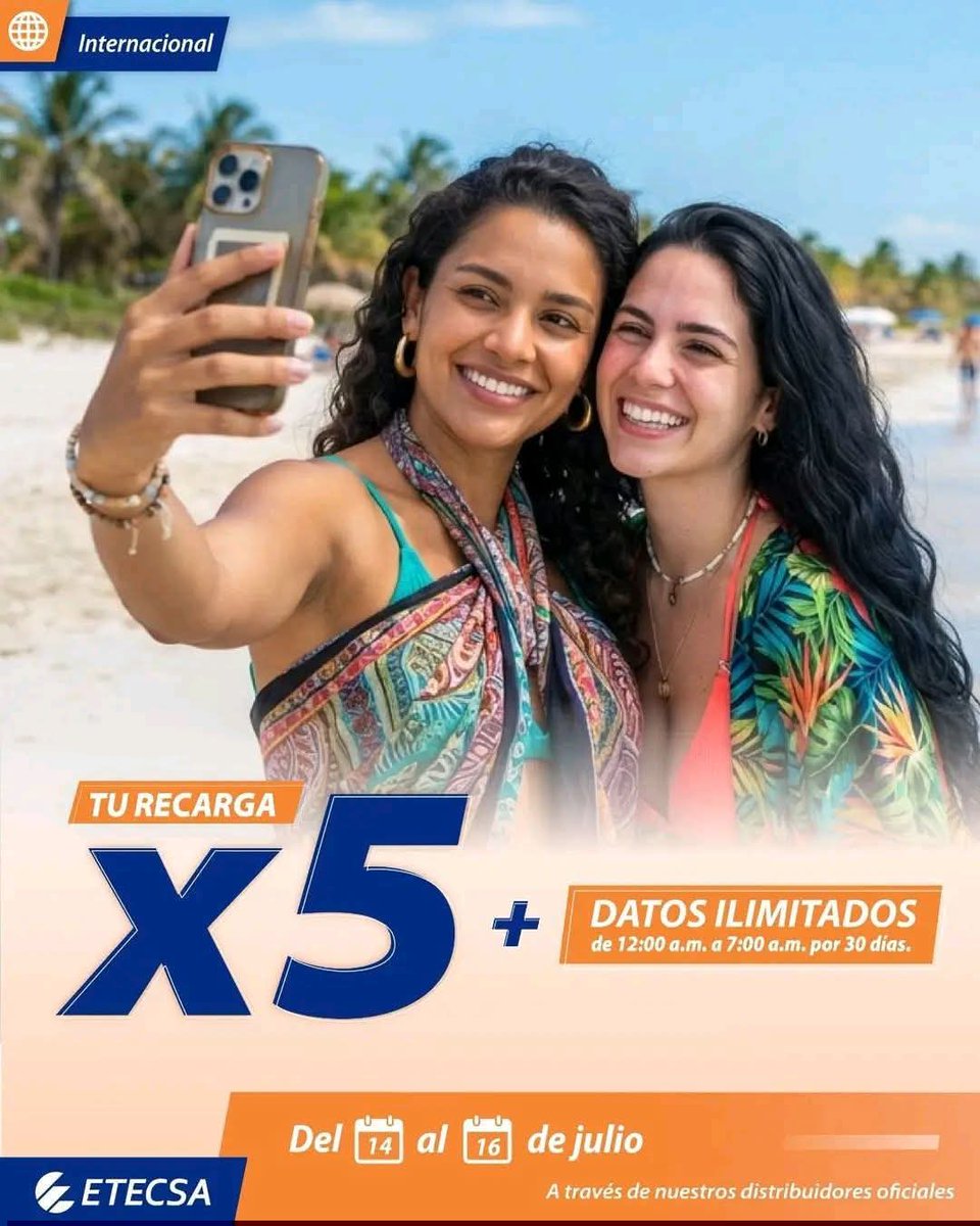 AlinaG41369's tweet photo. ¡Vuelve la promo!
🗓️ Esta vez del 14 al 16 de julio. 
📲Si recibes una  #RecargaInternacional desde 600 CUP y hasta 1250 CUP a través de nuestros Distribuidores internacionales, multiplicarás por 5 el monto de dinero recargado en tu saldo y recibirás también Datos ilimitado https://t.co/Gu1Nj8Gdlo