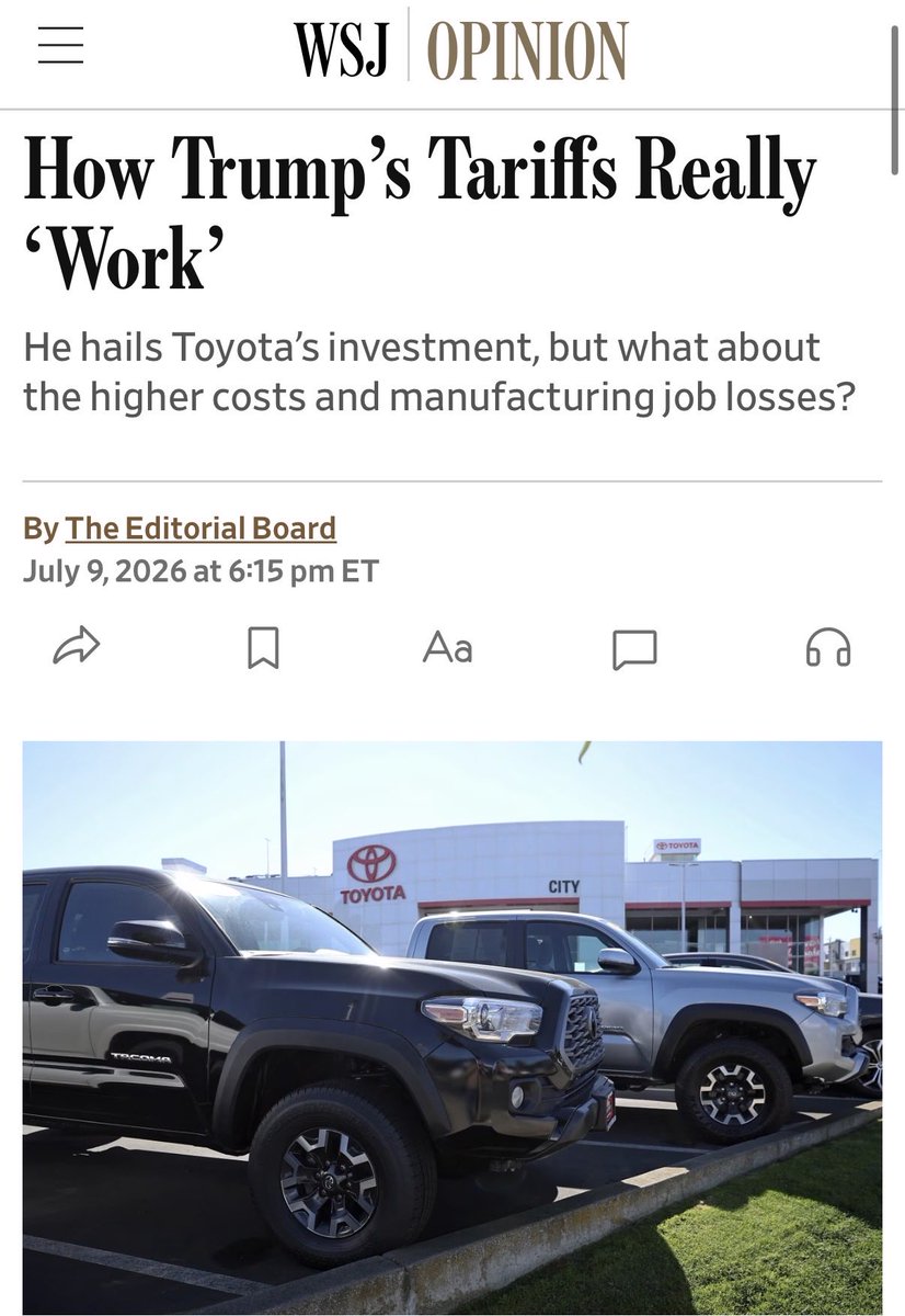 Mike_Pence's tweet photo. “The President is right that his tariffs are at work—in destroying U.S. jobs and raising prices. The U.S. has lost some 75,000 manufacturing jobs since January 2025, including 25,900 in motor vehicle and parts production.”@WSJ https://t.co/QVLG6tlJkV https://t.co/9uj7kIg5mu