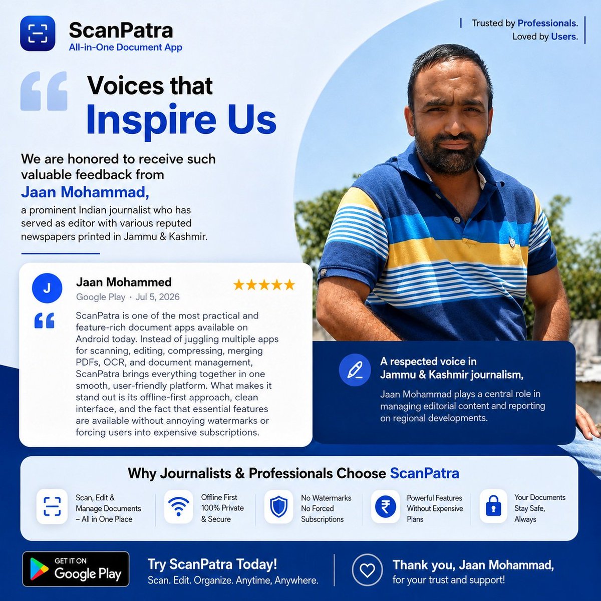 ScanPatra's tweet photo. Grateful to senior journalist Jaan Mohammad for sharing his experience with ScanPatra. His thoughtful feedback motivates us to keep building practical document tools that simplify everyday work. Thank you for your trust and support. 💙📄

Download ScanPatra! https://t.co/dSC2dwTtTO