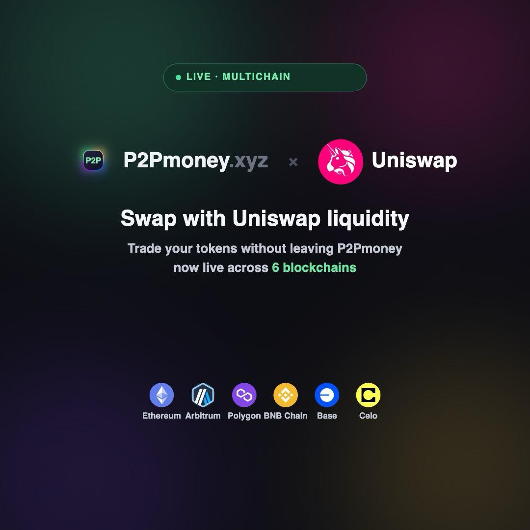 elkiyo_eth's tweet photo. Fragmented liquidity is DeFi’s biggest bottleneck. As builders, our mission is to eliminate that friction completely. 

That’s why we integrated @Uniswap into @P2Pmoneyxyz : instant, non-custodial swaps across 6 chains right inside the app. Real P2P is multichain. 🦄🚀 https://t.co/alGfdrPoNt
