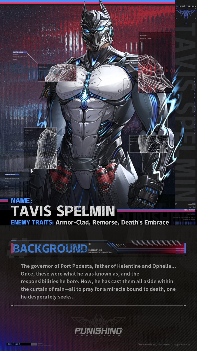 PGR_GLOBAL's tweet photo. [Formidable Foe Tactical Analysis | Tavis Spelmin]

The governor of Port Podesta, father of Helentine and Ophelia... Once, these were what he was known as, and the responsibilities he bore. Now, he has cast them all aside within the veil of rain—all to pray for a miracle bound to death, one he desperately seeks.