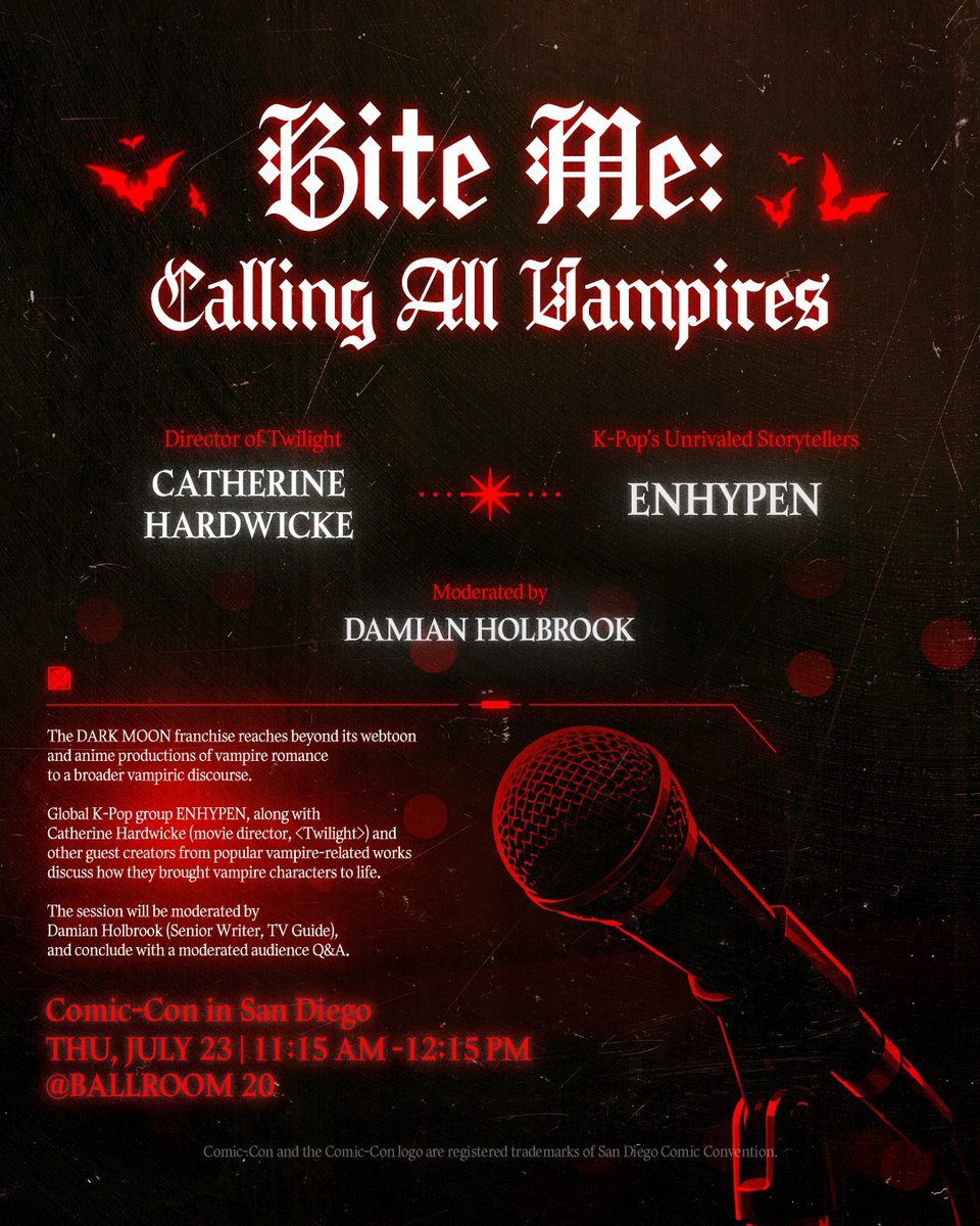 moonandenhypen's tweet photo. It's been officially announced that the panel with ENHYPEN on San Diego Comic-Con will be with Catherine Hardwicke, Director of Twilight along with other guest creators from vampire-related works. 

They also hinted to stay tuned for more!

@ENHYPEN #ENHYPEN https://t.co/nEI7DSvZ67