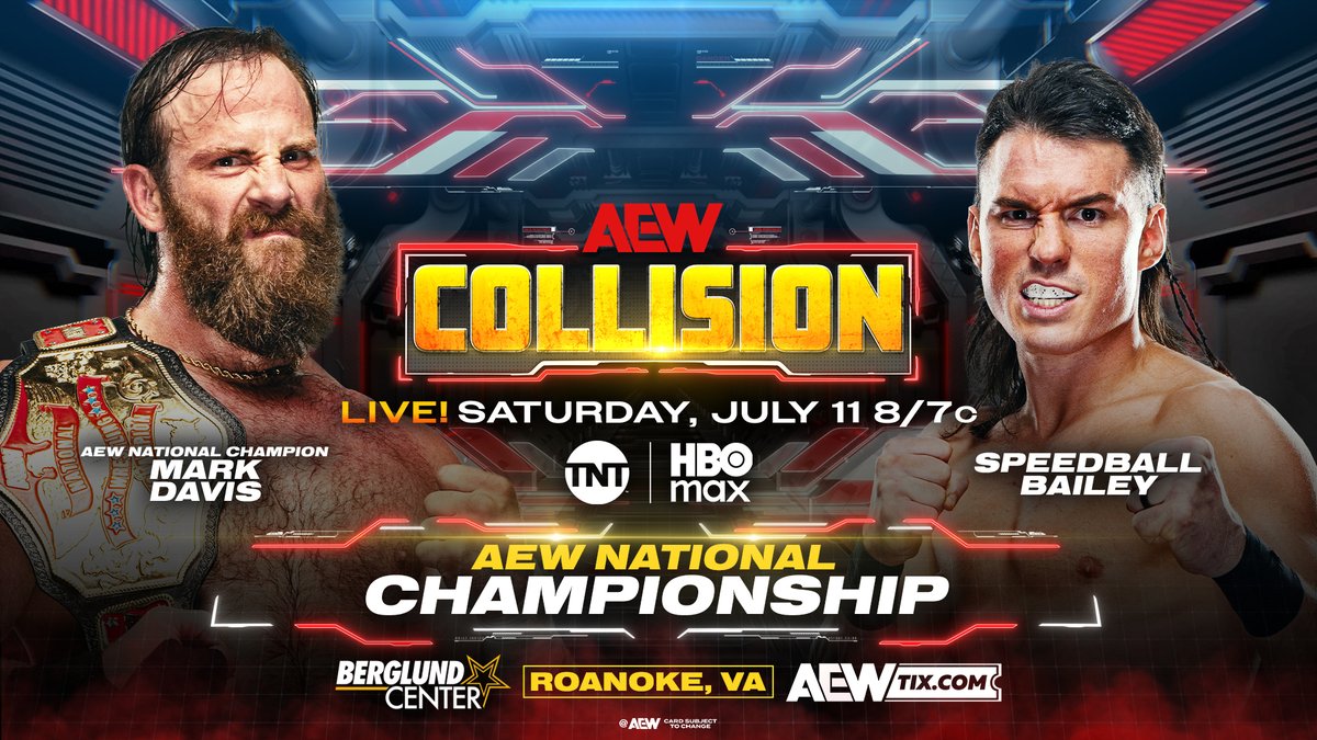 AEW's tweet photo. This Saturday, 7/11!

#AEWCollision returns LIVE to Saturday nights on TNT!

Be there for all of the action at 8/7c on @TNTDrama &amp; @HBOMax, THIS SATURDAY! https://t.co/uDCCp79Pkd