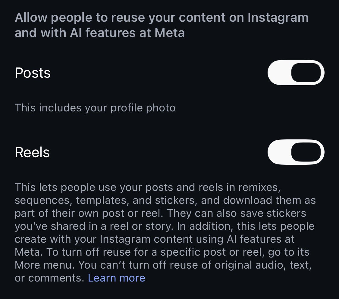 frichdandy's tweet photo. 🚨 Akun Instagram lo publik? Cek setting ini SEKARANG!

Kabarnya fitur baru “Muse Spark AI” bikin foto Instagram bisa dipakai untuk AI.

Kalau mau matiin:
> buka Profil
> tap ikon ☰ di kanan atas
> masuk ke “Sharing and Reuse”
> matikan opsi Posts dan Reels

Karena ini masih rolling out, jadi tampilanya beda” atau belum ada sama sekali dibeberapa akun. 

Gimana, matiin atau engga nih? 🤔
