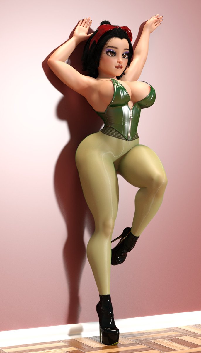 Hardcore_mango's tweet photo. Sultry Snow White leans back against the pink wall, arms raised, one leg bent high. Her shiny green latex top barely contains her huge tits, while tight glossy pantyhose hug her thick thighs and juicy ass. Black platform heels,  — pure erotic temptation. #snowwhite #princess https://t.co/tBGG6Ujw4Q