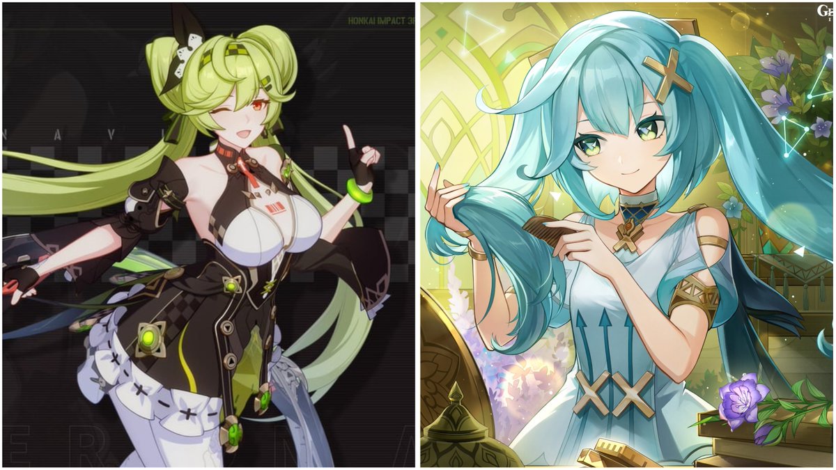 sakuraplush's tweet photo. @aelen_altria Green hair twin tails is Hoyo tradition at this point. What's blasphemy is that Nanafey isn't voiced by Yui Horie. https://t.co/0t2fmKqFRK
