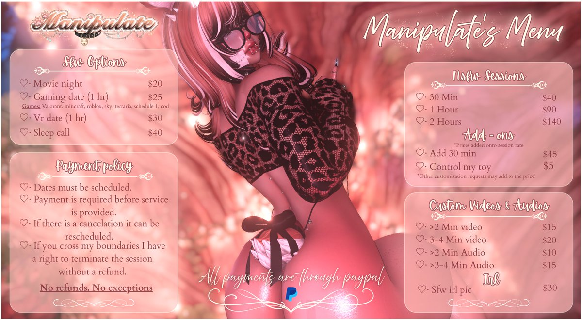 Man1pulateme's tweet photo. ۶ৎ Finally got it done, here's my menu. ۶ৎ 
‿︵‿︵୨୧ · · ♡ · · ୨୧‿︵‿︵ https://t.co/DVSpfe2wW6