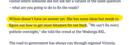 aaronsmith's tweet photo. Jess Wilson’s 7-point plan for regional roads:

1⃣Drive around regional Victoria
2⃣Take pic of potholes
3⃣Announce potholes cannot be fixed overnight
4⃣Begin bitumen thoughts
5⃣Send bitumen to committee
6⃣Wait for leadership
7⃣Discover leadership was also sent to committee https://t.co/WsCWLpNkAy