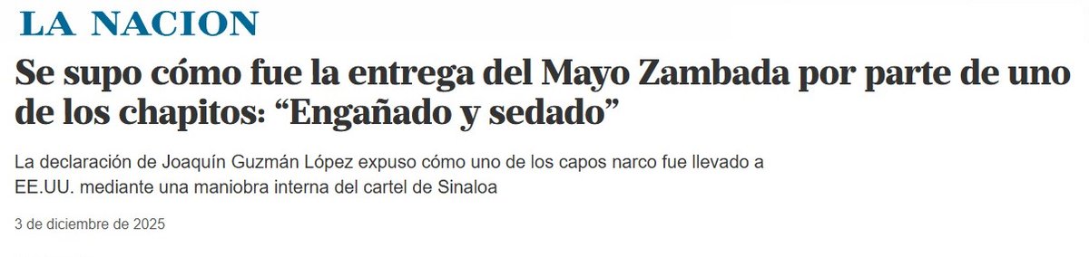 DobriFeder80403's tweet photo. SEAMOS OBJETIVOS...
Al Mayo lo entregan los Chapitos; o al menos uno de ellos, quien busca negociar con el Departamento de Justicia.
En su entrega Rocha Moya está implicado; El Mayo declara que le pusieron una trampa porque le dijeron que habría una reunión con Rocha Moya y Héctor Melesio Cuén. 
Analicemos: un tipo que tiene décadas sin caer en trampas, ¿creen que acudiría a una reunión con Rocha Moya sólo porque sí? No, es obvio que había tenido reuniones antes con él.
Usemos el sentido común. Justo el día de esa reunión, Rocha Moya dijo que hizo un viaje a EU; justo ese día.
¿Cuál es el nivel de implicancia del FBI? Recibir el informe de que ni más ni menos que la entrega del Mayo Zambada fue un éxito? ¿A quién le dan pan que llore?
En México, el gobierno de Sheinbaum está indignado porque atraparon a uno de los narcos más buscados, mientras acá estaba libre "sin saber su paradero" ¡durante años!, y que los mismos Chapitos colaboraron con un gobernador de Morena.
Se trata de un gobierno más bien atemorizado que indignado. Y saben por qué.
https://t.co/297jTm81e3