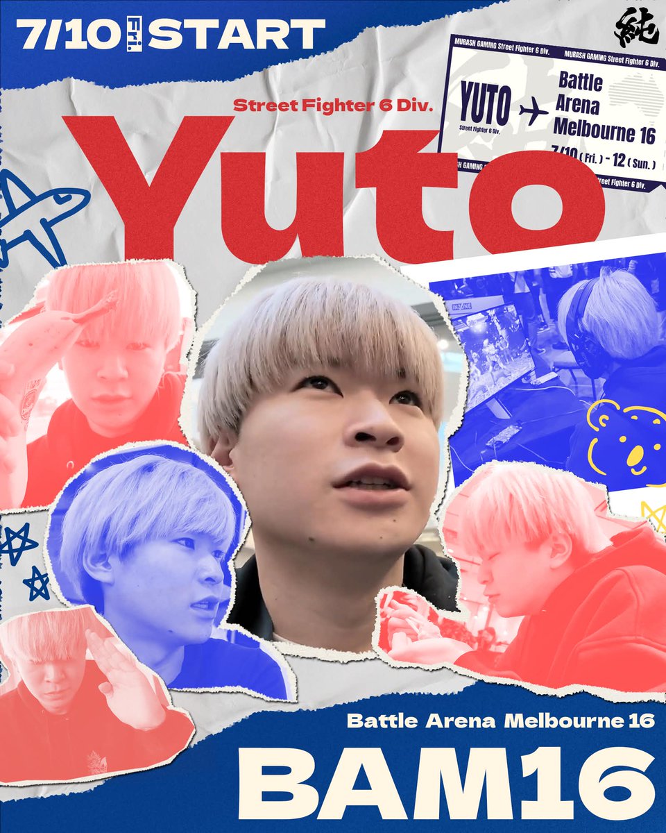 MURASHeSports's tweet photo. ／
STREET FIGHTER 6 Div.
@Yuto666_SF
＼

オーストラリア・メルボルン「BAM 16」開幕🇦🇺
Yutoは本日の3on3から出場します🔥

チームメイトは板橋ザンギエフ選手 ( @Itazan_Kuma )、立川選手( @TachikawaCR ）！

━━━━━━━━━━
📺 大会配信（英語 / 日本語実況なし）
🕐 7/10(金) 17:00~ (JST)
🔴 https://t.co/vkGSwwQHwV
🔵 https://t.co/82kzGiMT09
━━━━━━━━━━

🏆トーナメント表
https://t.co/EGy2aBX0RX

個人戦は明日7/11(土) 11:00~ (JST)から。
応援よろしくお願いします🪭🪄

#MRGWIN #SF6 #BAM16
