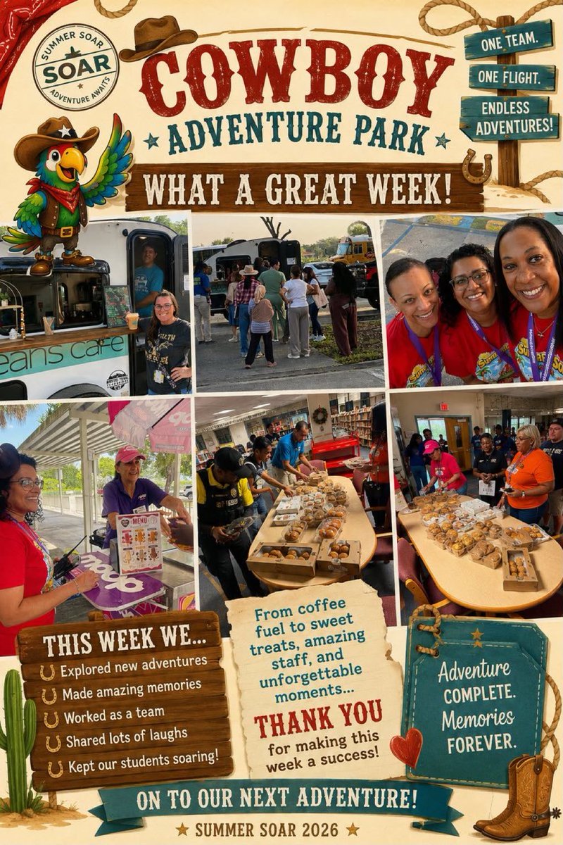 VincentLeads's tweet photo. 🤠 Howdy, partners! 

A huge THANK YOU to @Publix, @MPPRChamber, @mooppops, JC Beans Cafe, and @JeremiahsIce for treating our school this Cowboy Adventure Week! Your generosity kept everyone feeling appreciated. 💛 #SummerSOAR @BCPSLeadership https://t.co/UUvndpGbBh