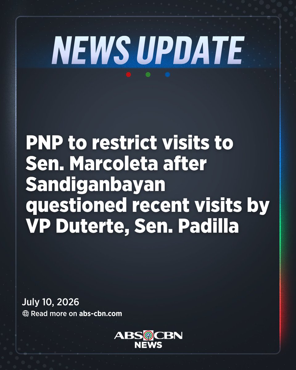 ABSCBNNews's tweet photo. UPDATE: PLTCOL Benaly Bayani, chief of the Internal Medicine Department of the PNP Health Service General Hospital, said she will coordinate with the CIDG to restrict visits to Sen. Rodante Marcoleta after the court questioned the recent visits by Vice President Sara Duterte and Sen. Robin Padilla despite the hospital’s recommendation that the senator remain in isolation due to his health condition. | via @KaxandraSalonga