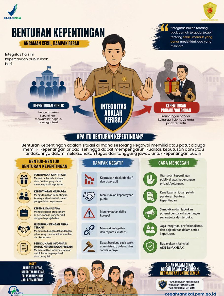 ctbpom's tweet photo. 🔍 Kenali bentuk benturan kepentingan dan cegah sejak dini. Wujudkan budaya kerja yang profesional dan berintegritas.

📢 Perbarui pelaporan jika terdapat perubahan kondisi di https://t.co/HSzpArInLl

#BebasBenturanKepentingan #ASNBerintegritas #BadanPOM #CegahTangkalBPOM https://t.co/X3cWFB4vk3