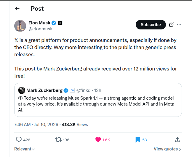 Meta Muse Spark 1.1 Debuts in AI Coding Battle; Zuck Post Hits 12M Views