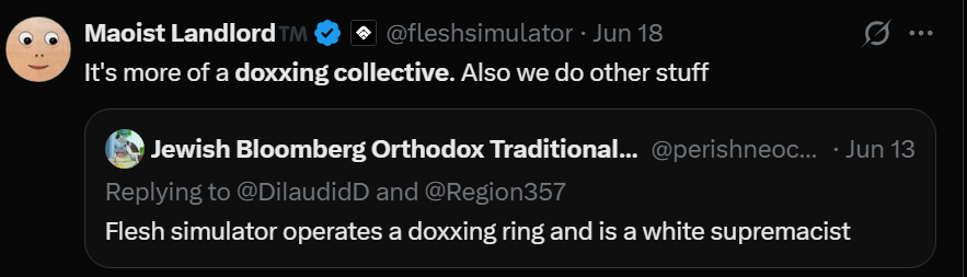battlefrick's tweet photo. @foxdiepopuli_ Thomas Gauntt AKA "Flesh Simulator" mints NFTs for his "cult"/"army"/"doxxing collective" of "child soldiers" so they can "profit" from harassing his enemies.

Everyone named "Simulator" who harasses or threatens you follows Thomas's rules to "profit" from NFTs he mints for them. https://t.co/l1rNnM3glW