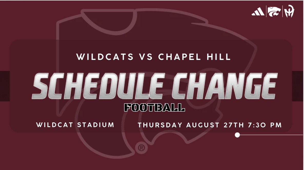 Brett_Gilchrist's tweet photo. We couldn’t wait one more day to kick it off!!

Schedule update: 

Thursday August 27th 7:30 PM
Wildcat Stadium

Come support the Wildcats as we take on Chapel Hill!!!

#ProtectTHEHouse https://t.co/R39g7U642m